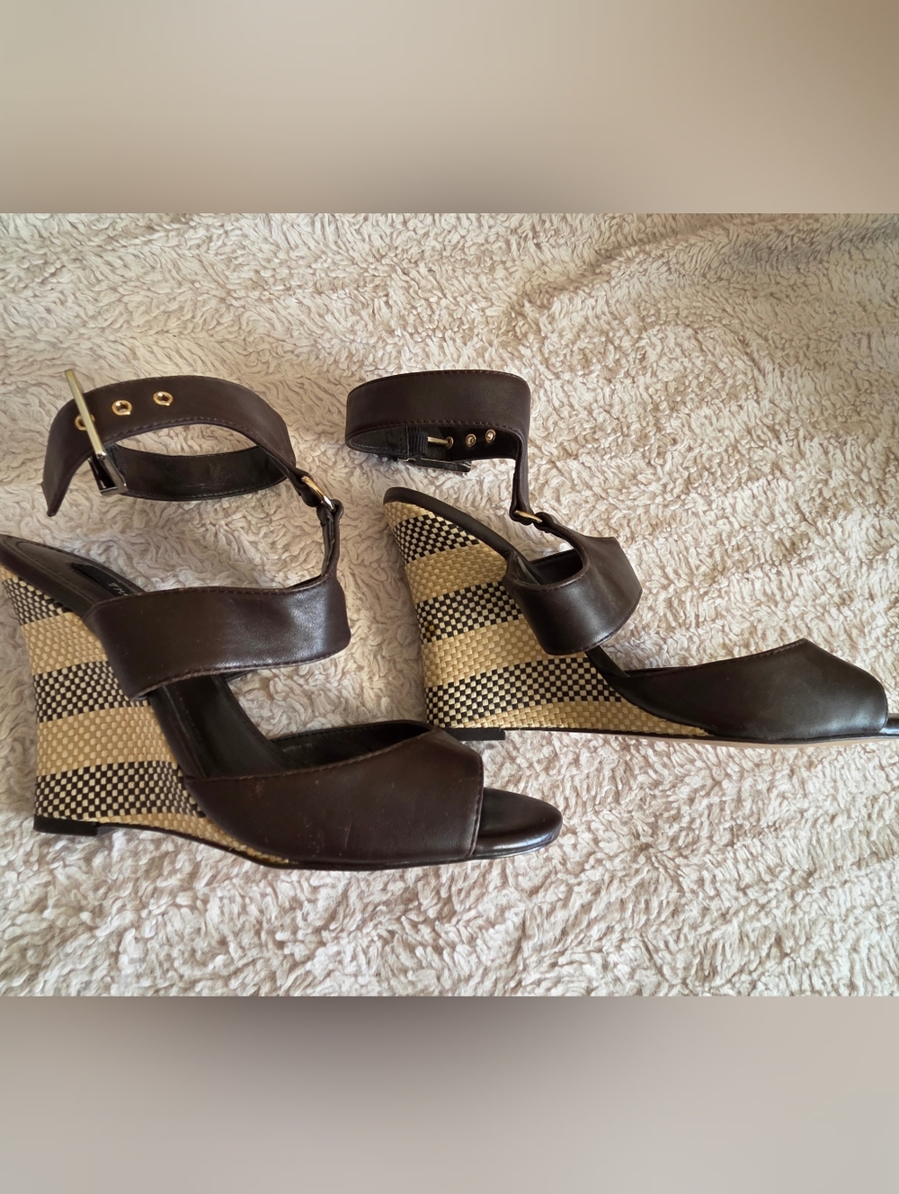 WHBM Women’s Dark Brown Wedge Sandals with Patterned Heel